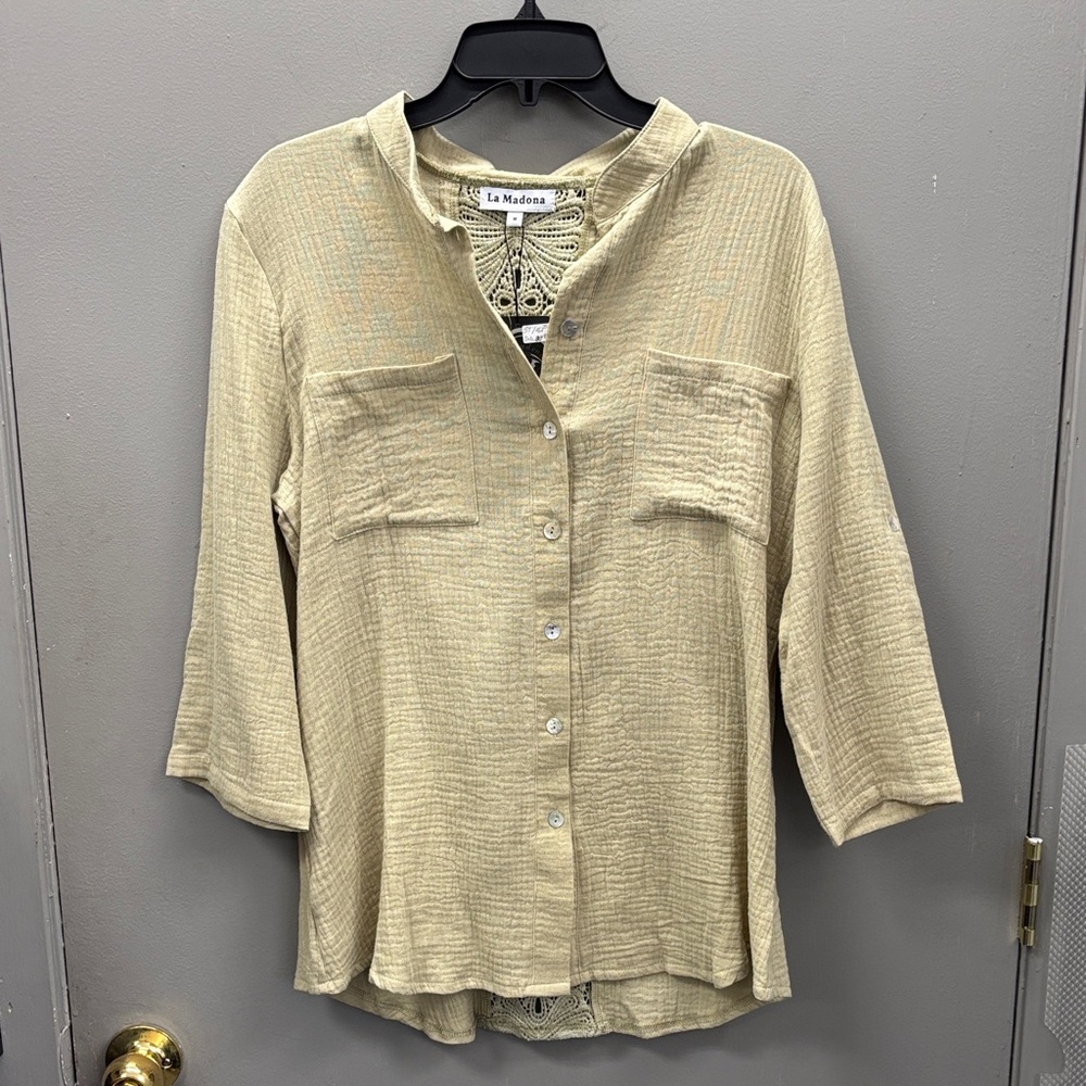 La Madona Sage Green Gauze Button Down Shirt w/back insert